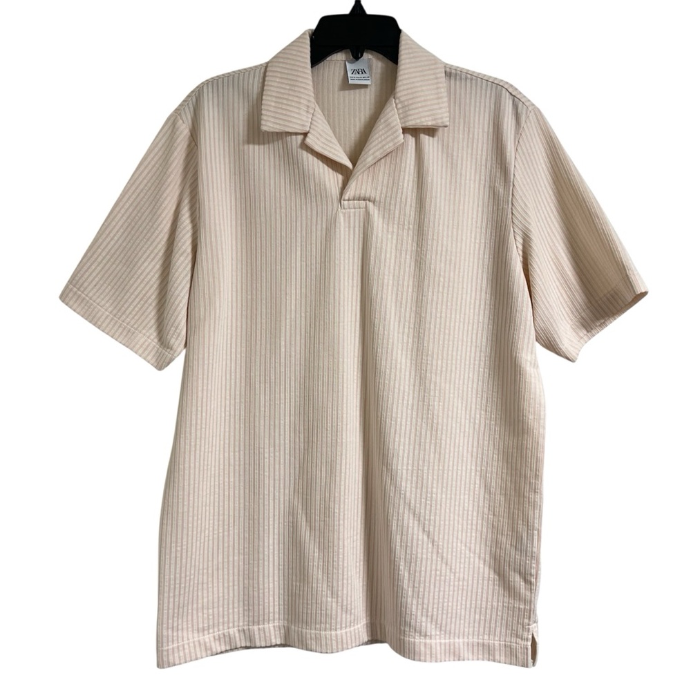 Zara Men's Polo Shirt with Lapel Collar‎ Pink & White Striped Oversized M
